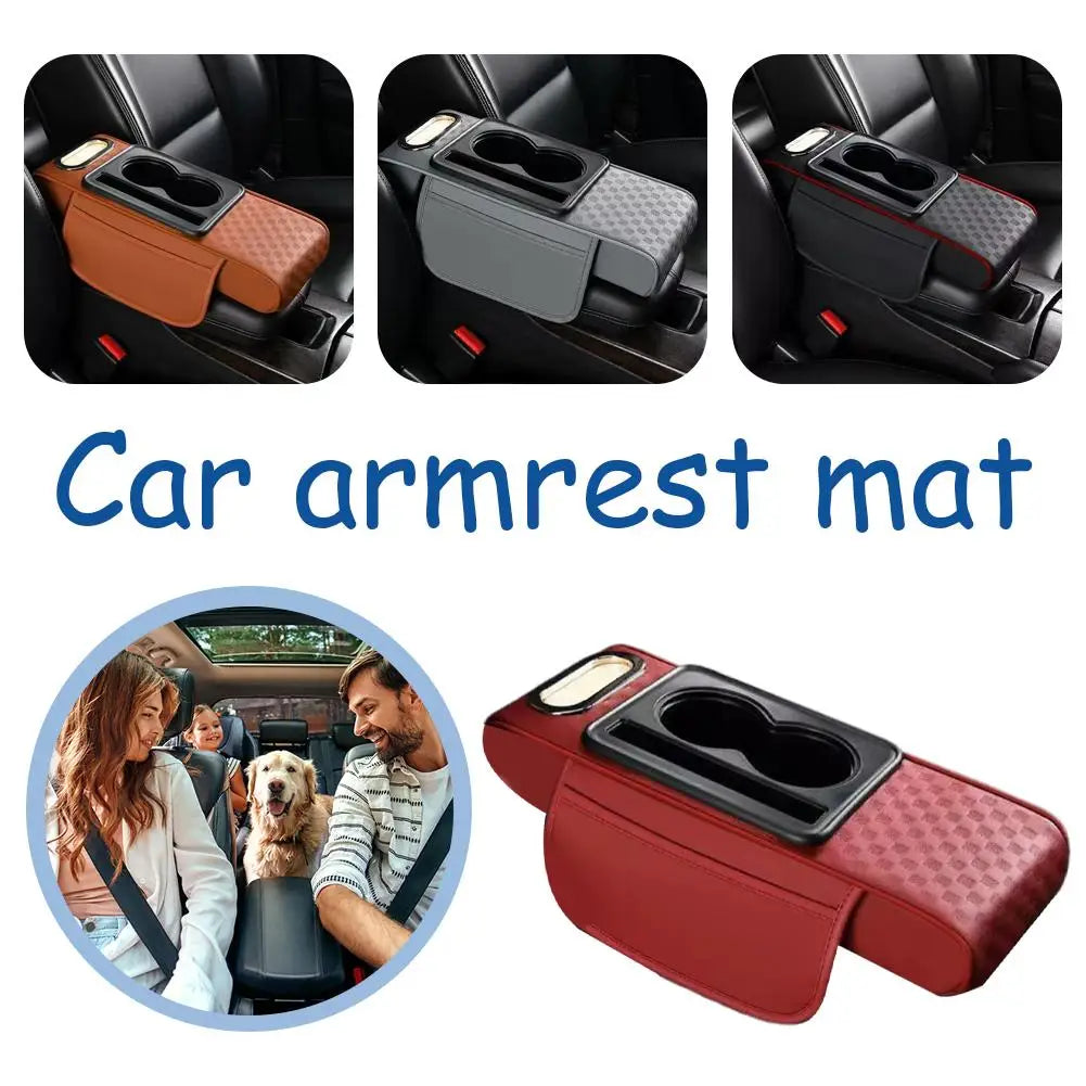 Car Center Console Height Increasing Armrest Cushion Multifunctional PU Leather Armrest Pad with Cup Holder Tissue Box Universal