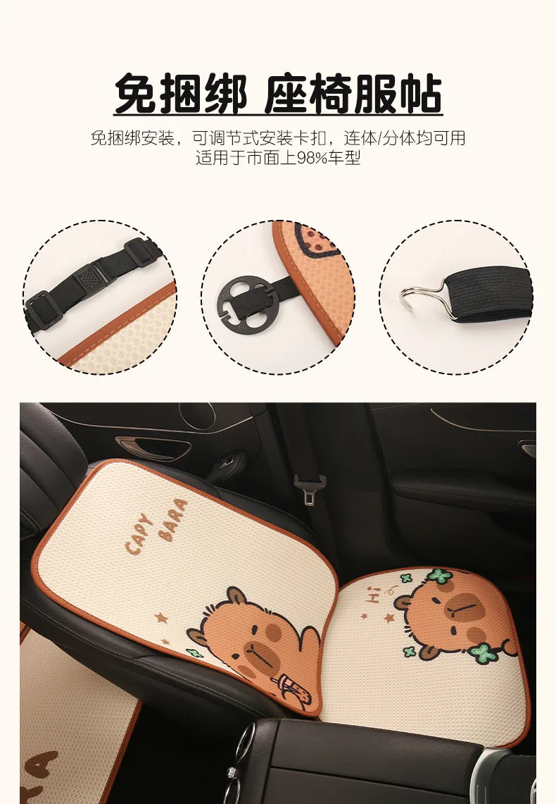 Universal Car Seat Covers Cute Capybara Design Comfortable Breathable Mesh Fabric Four Leaf Clover Pattern for All Seasons