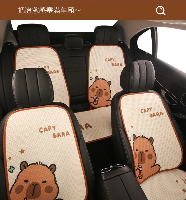 Universal Car Seat Covers Cute Capybara Design Comfortable Breathable Mesh Fabric Four Leaf Clover Pattern for All Seasons