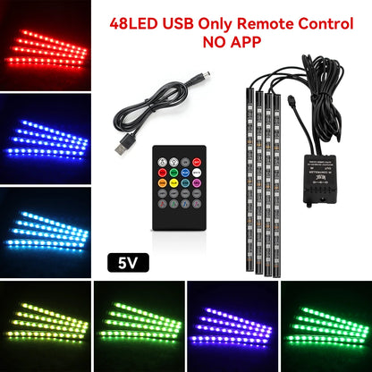 Car Interior Ambient Light Kit RGB LED Foot Strip Light Music Sync with App Remote Music Control Cig/USB Auto Decorative Lamps