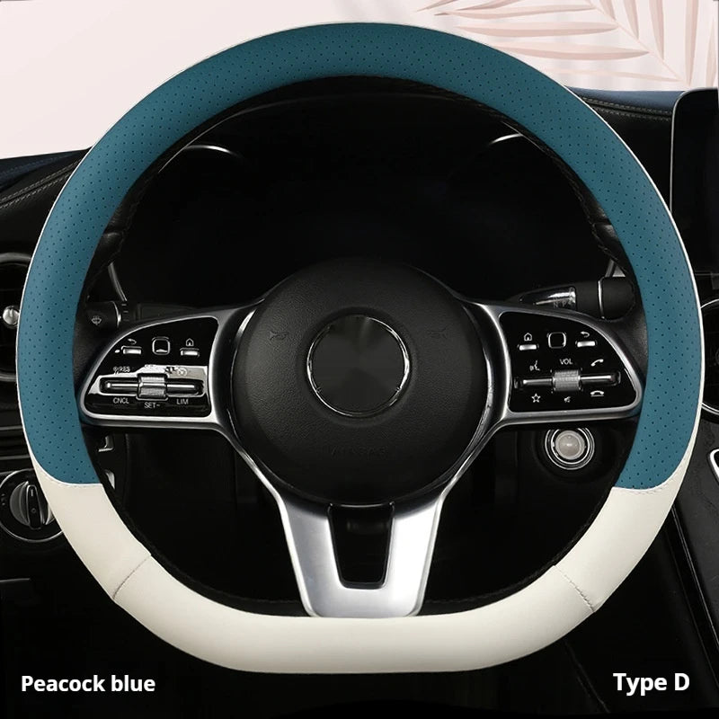 Steering Wheel Cover Breathable Non Slip Nappa Leather All Season Universal For Car Interior Wear Resistant Protective Cover