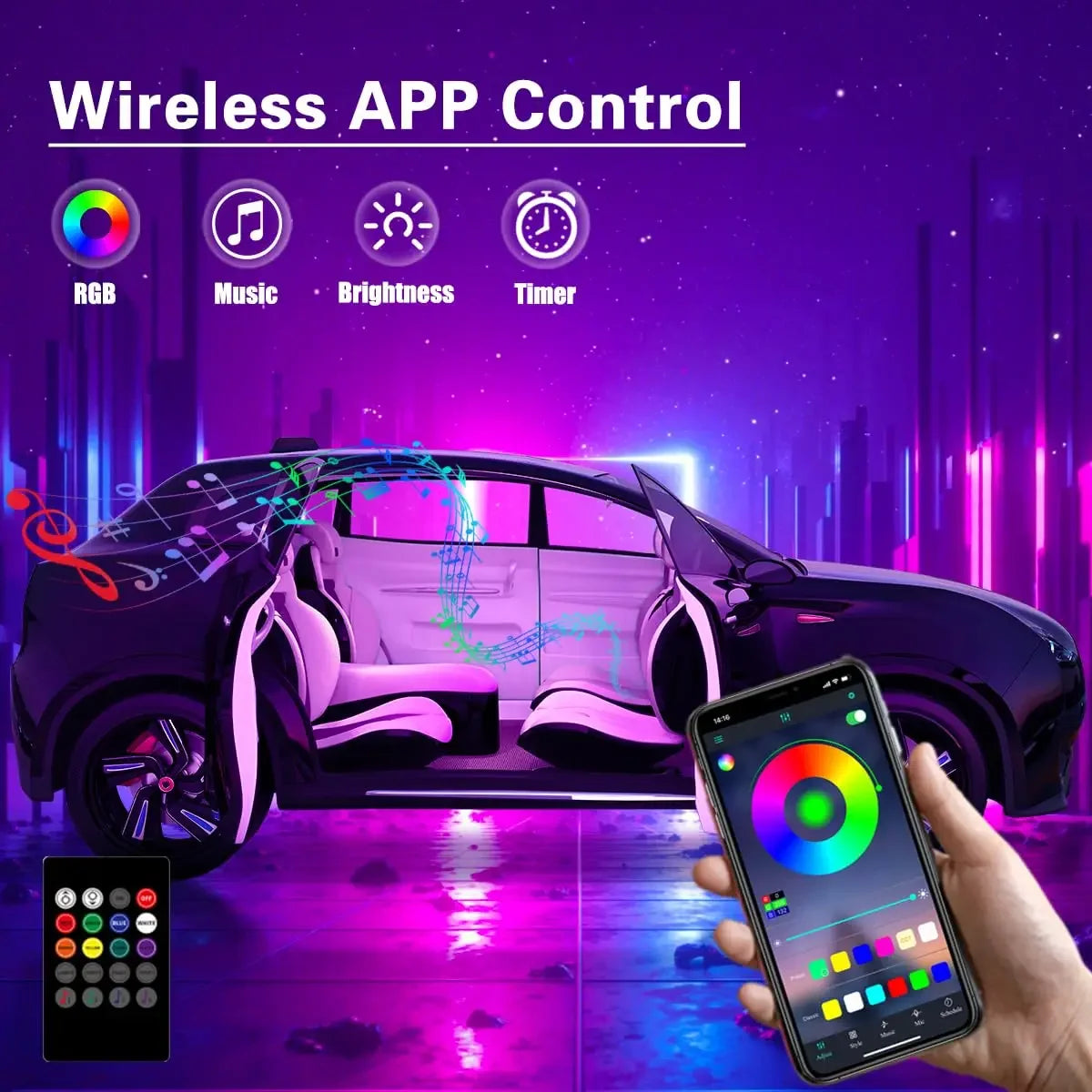 RGB LED Car Ambient Light Kit 6 in 1 Fiber Optic Interior Strip with APP Remote Control Music Sync Neon Mood Dashboard FootLight