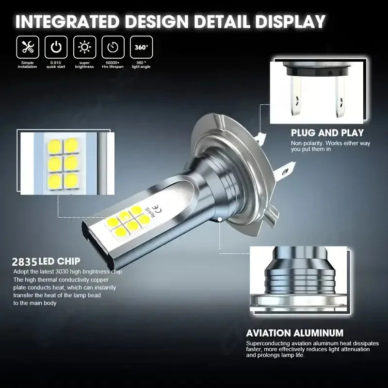 Kit Lâmpada LED H7 12SMD 4 Peças - Farol Alto/Baixo Branco 6000K