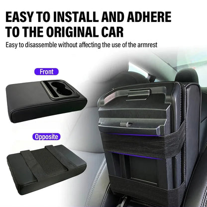 Car Armrest Box Cushion, Auto Center Console Armrest Cushion With 2 Cup Holder PU Leather Armrest Pad Portable Car Amrest