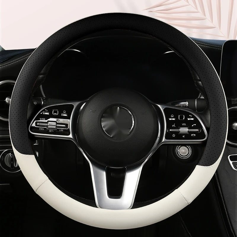 Steering Wheel Cover Breathable Non Slip Nappa Leather All Season Universal For Car Interior Wear Resistant Protective Cover