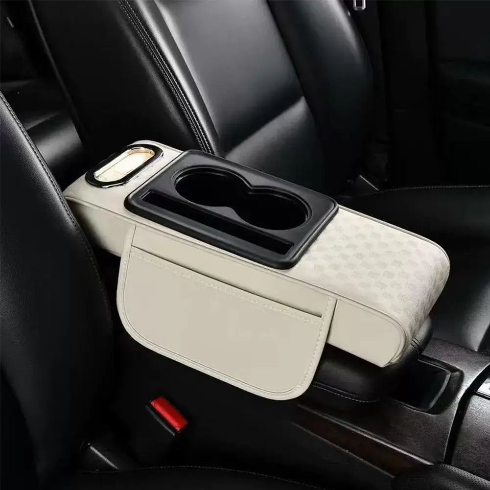 Car Center Console Height Increasing Armrest Cushion Multifunctional PU Leather Armrest Pad with Cup Holder Tissue Box Universal