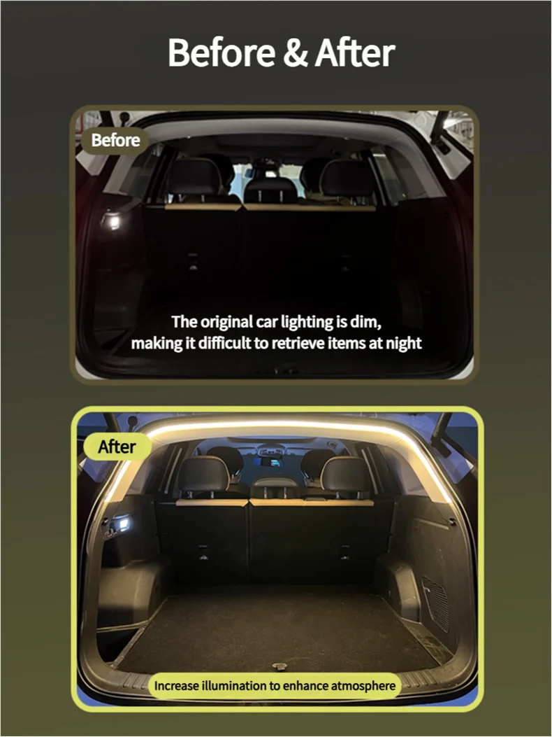 Car Trunk LED Light Strip 400cm/200cm Flexible Interior Ambient Lighting for SUV/MPV Automatic On/Off Hidden Installation