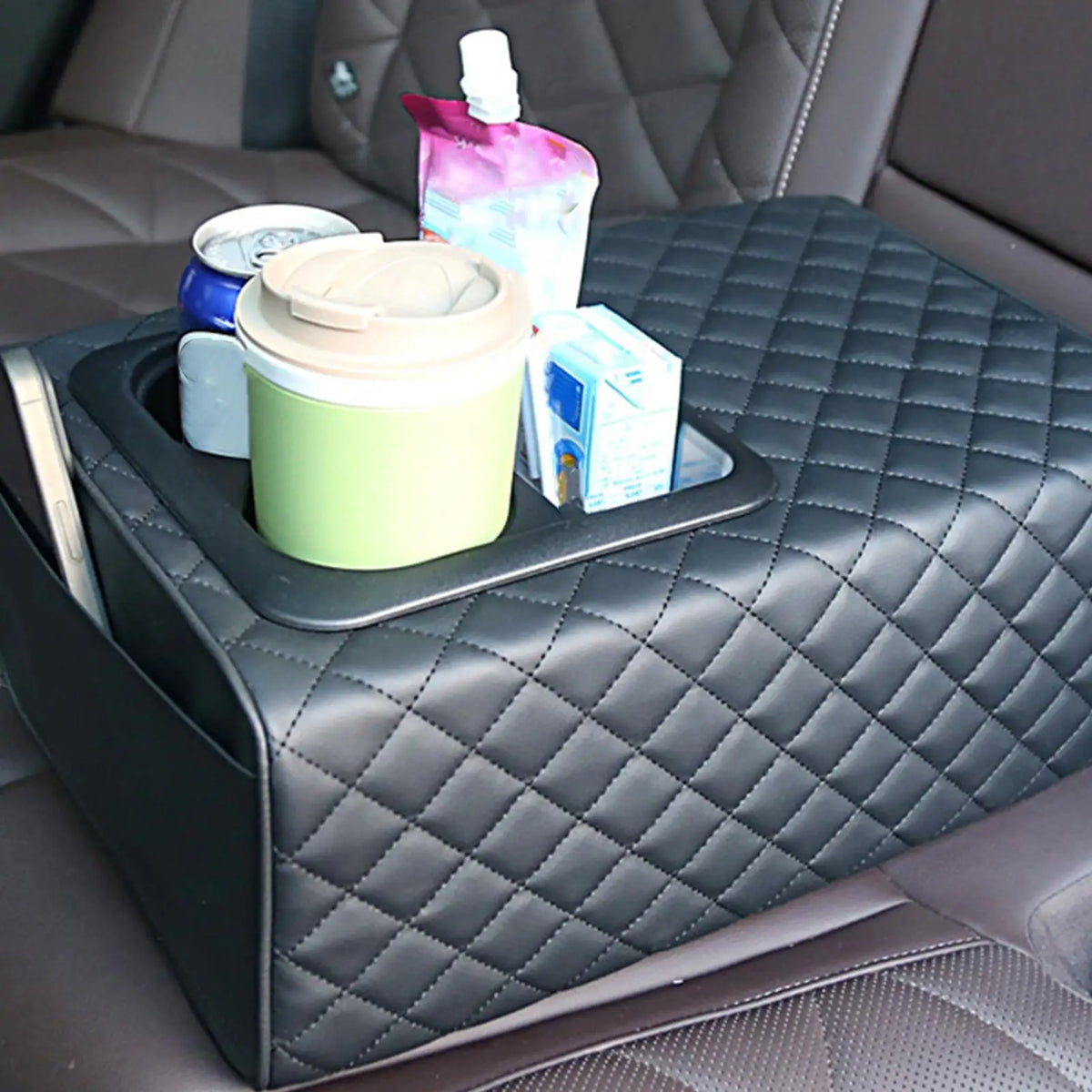 Car Armrest Box Cushion, Auto Center Console Armrest Cushion With 2 Cup Holder PU Leather Armrest Pad Portable Car Amrest