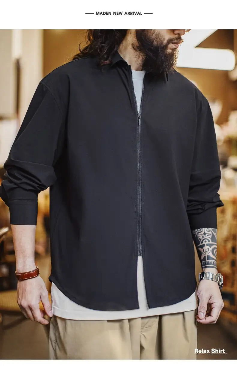 Maden Casual Draped Shirt Men's Spring and Summer Breathable Cleanfit Cool Comfort Long Sleeve Zip-Up Blouse Lightweight Top