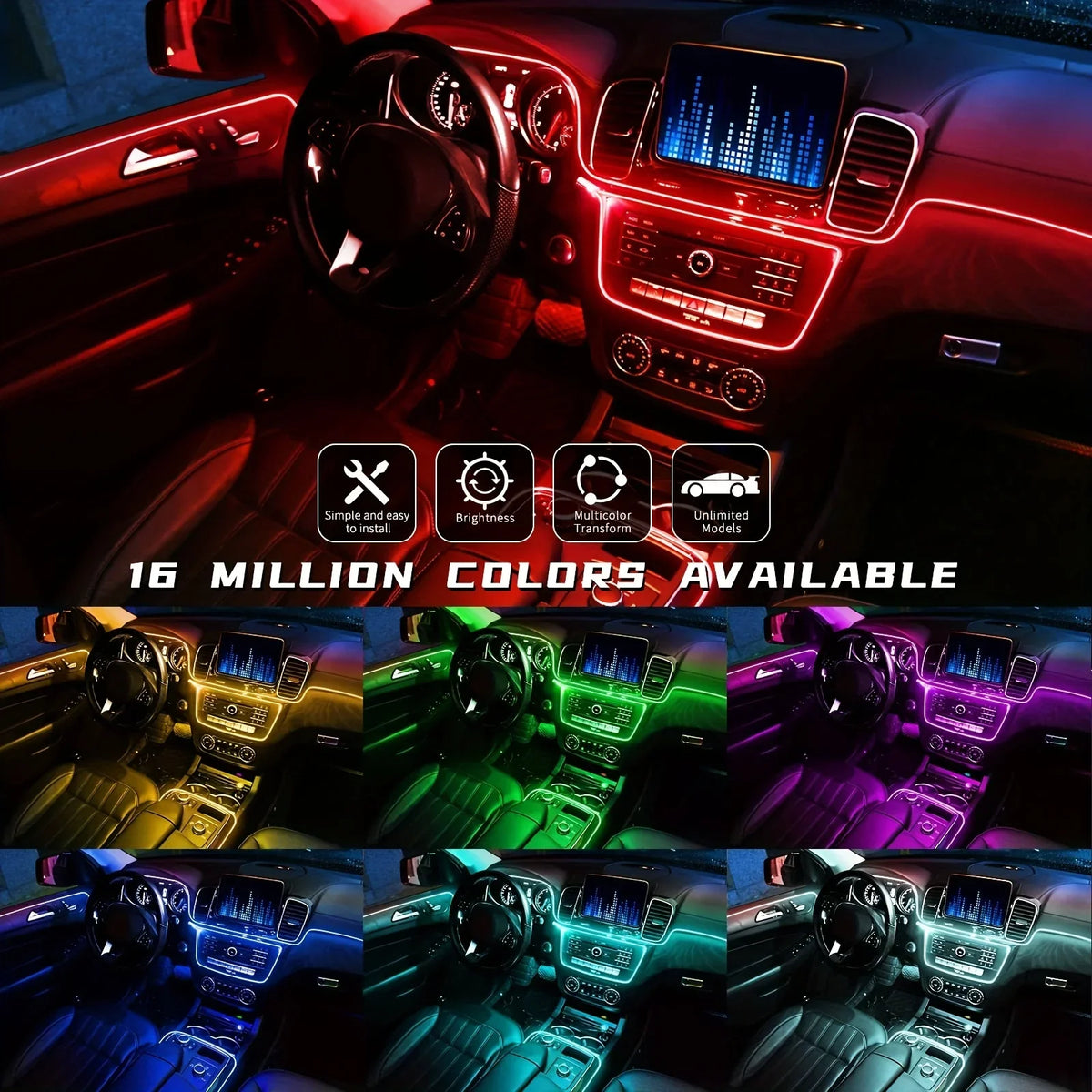 RGB LED Car Ambient Light Kit 6 in 1 Fiber Optic Interior Strip with APP Remote Control Music Sync Neon Mood Dashboard FootLight