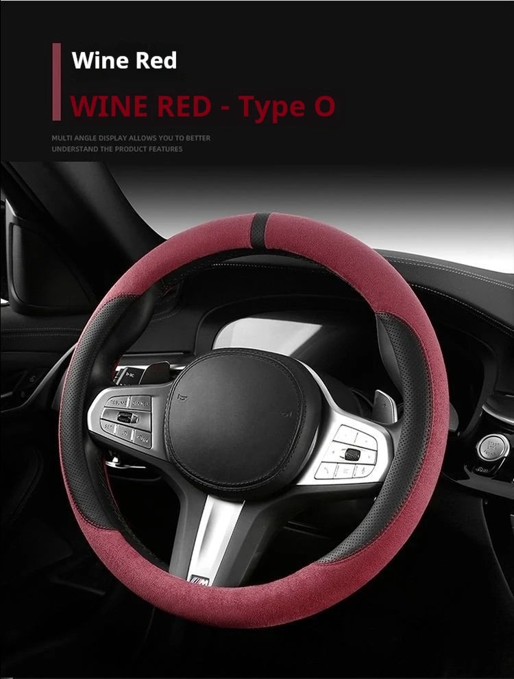 Steering Wheel Cover Suede D Shape Wine Red Four Seasons Breathable Non Slip Sweat Absorbent Comfortable Car Steering Protector