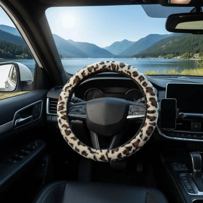 Leopard Steering Wheel Cover Winter Plush Soft Comfortable Fur Steering Wheel Cover 38cm Universal Car Steering Wheel Cover