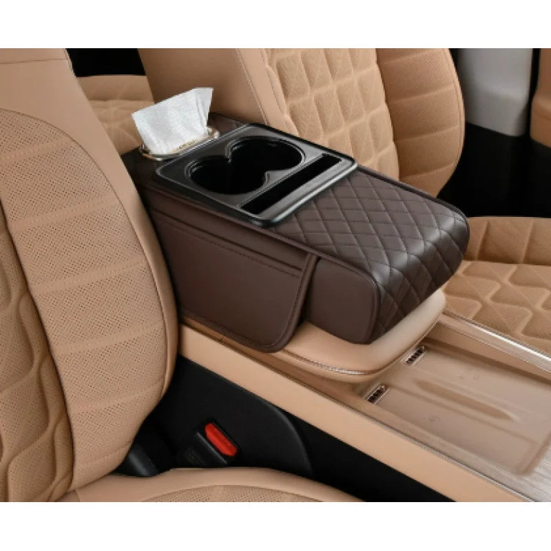 Auto Center Console Armrest Cushion With 2 Cup Holder PU Leather Armrest Pad Portable Car Amrest Pillow Cover Height Pad