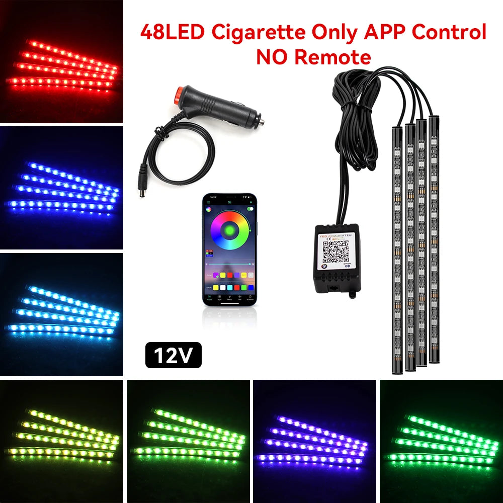 Car Interior Ambient Light Kit RGB LED Foot Strip Light Music Sync with App Remote Music Control Cig/USB Auto Decorative Lamps