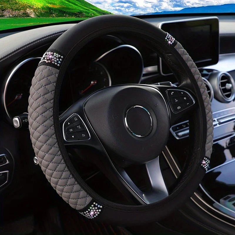 Car Pu Leather Steering Wheel Cover, 14.57-14.96inch Artificial Diamond, New Steering Wheel Cover