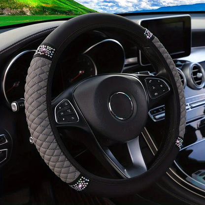 Car Pu Leather Steering Wheel Cover, 14.57-14.96inch Artificial Diamond, New Steering Wheel Cover