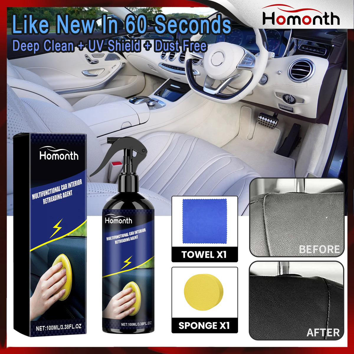 Car Interior Detailer Spray 100ml Multi Purpose Interior Cleaner & Protectant for Dashboard Plastic Trim UV Protection DustProof