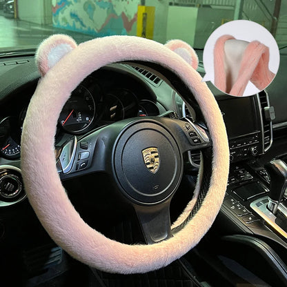 Plush Car Steering Wheel Cover Cartoon Cute Bear Ears Steering Wheel Cover Winter Warm and Comfortable Steering Wheel Cover