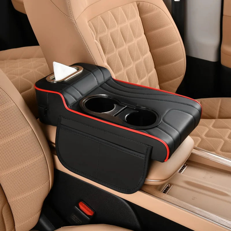 Car Center Console Armrest Cushion with Dual Cup Holders Tissue Box Side Pocket PU Leather Arm Rest Cover for Universal Cars