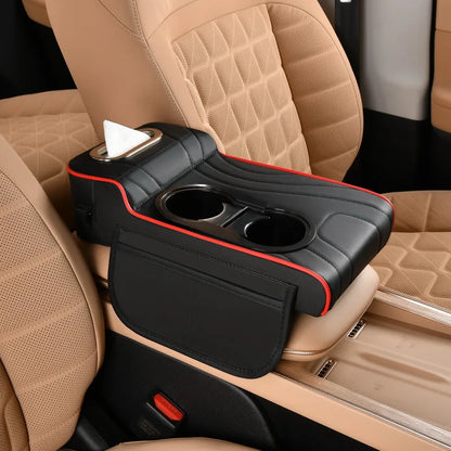 Car Center Console Armrest Cushion with Dual Cup Holders Tissue Box Side Pocket PU Leather Arm Rest Cover for Universal Cars