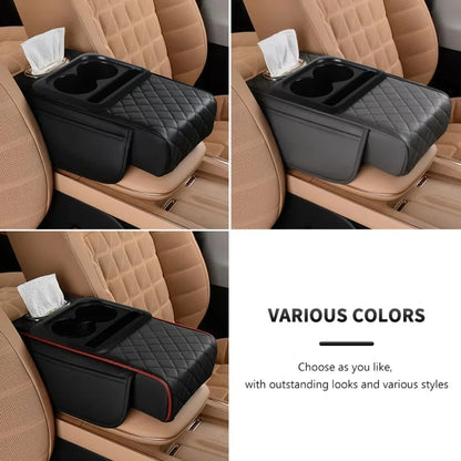 Auto Center Console Armrest Cushion With 2 Cup Holder PU Leather Armrest Pad Portable Car Amrest Pillow Cover Height Pad