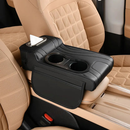 Car Center Console Armrest Cushion with Dual Cup Holders Tissue Box Side Pocket PU Leather Arm Rest Cover for Universal Cars