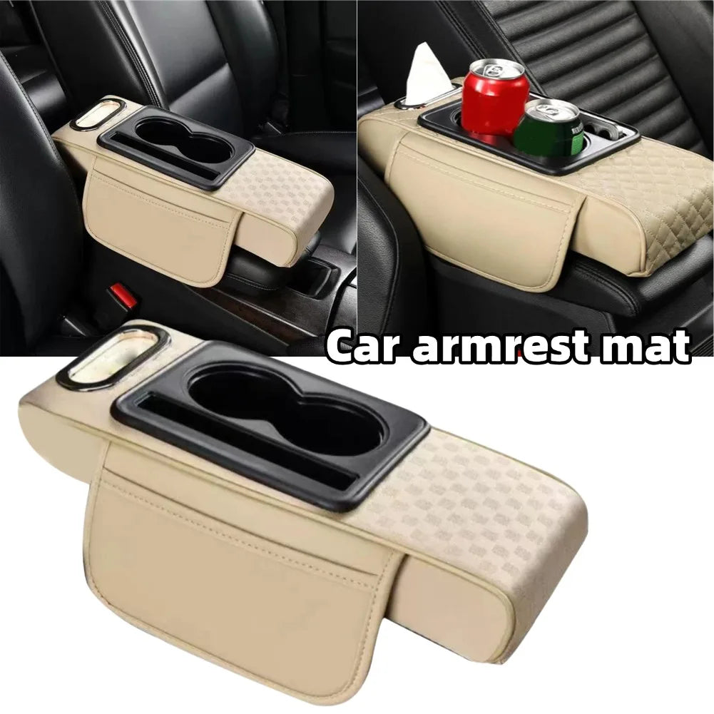 Multifunctional Car Armrest Cushion with Cup Holder & Tissue Pocket, Universal Auto Center Console Armrest Pad Heightening Mat