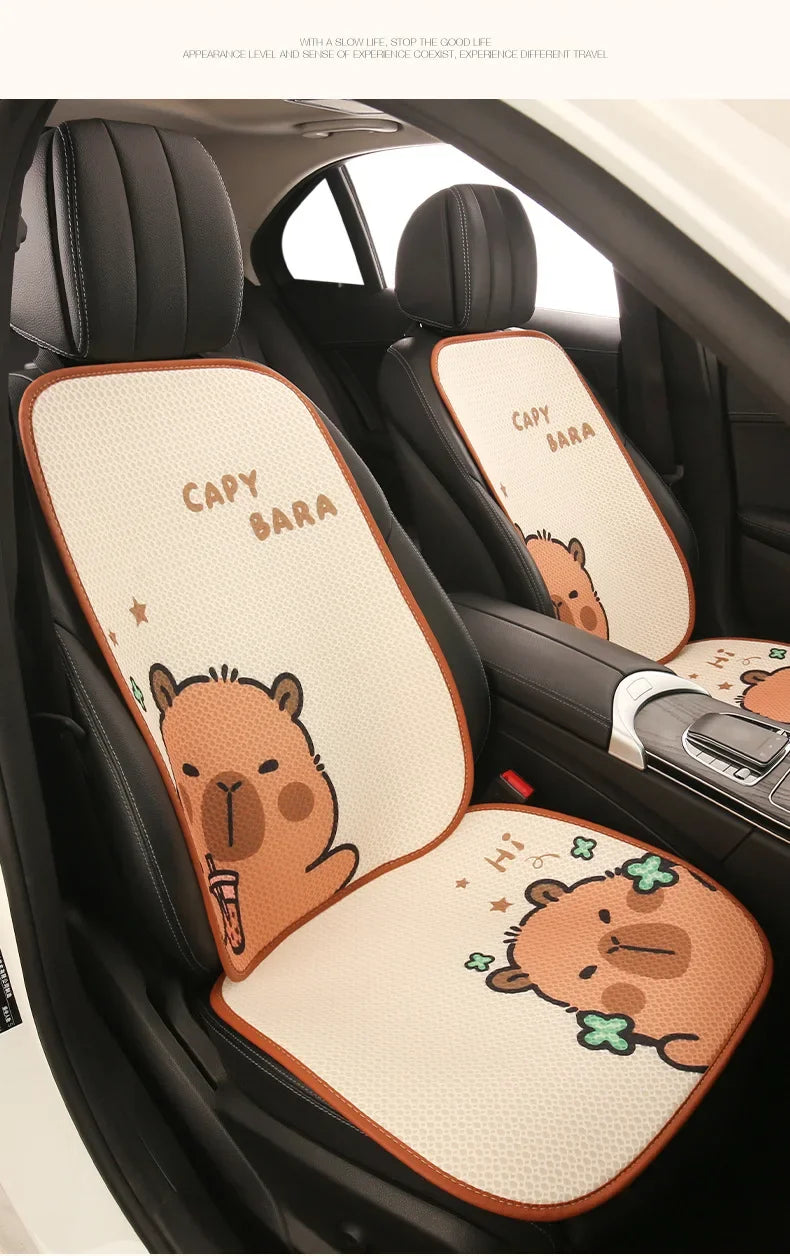 Universal Car Seat Covers Cute Capybara Design Comfortable Breathable Mesh Fabric Four Leaf Clover Pattern for All Seasons