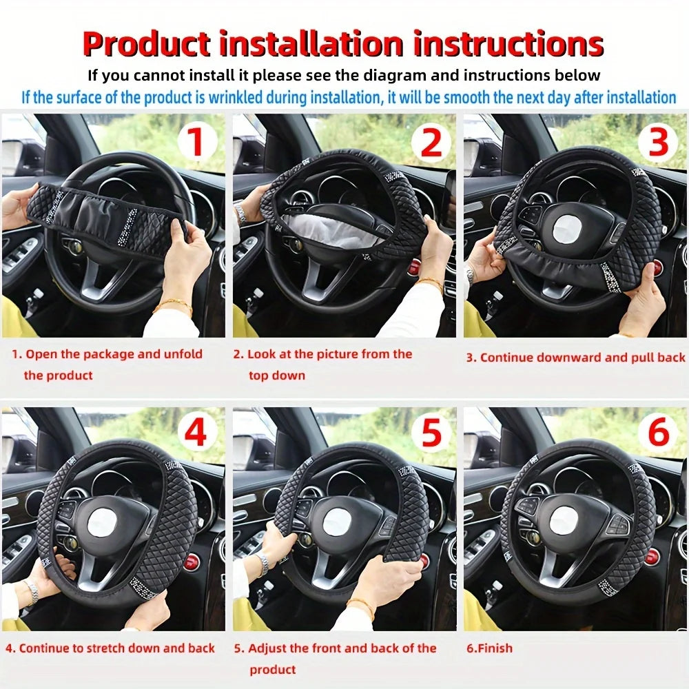 Car Pu Leather Steering Wheel Cover, 14.57-14.96inch Artificial Diamond, New Steering Wheel Cover