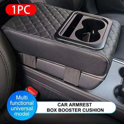 SEAMETAL Universal Car Center Console Armrest Pad PU Leather Armrest Heightening Cushion with 2 Cup Holders Storage Organizer