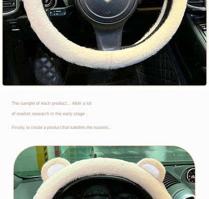 Plush Car Steering Wheel Cover Cartoon Cute Bear Ears Steering Wheel Cover Winter Warm and Comfortable Steering Wheel Cover