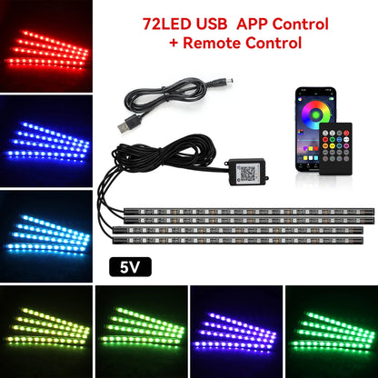 Kit de Fitas de LED RGB para Iluminação Ambiente dos Pés do Carro – Alimentação via USB (Acendedor de Cigarros), Controle e Decoração para o Interior do Veículo