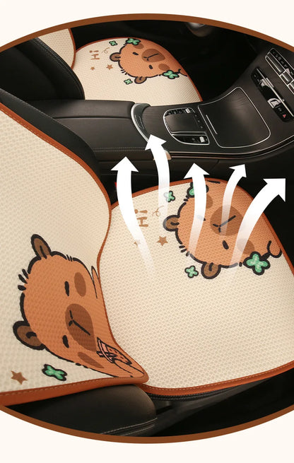 Universal Car Seat Covers Cute Capybara Design Comfortable Breathable Mesh Fabric Four Leaf Clover Pattern for All Seasons