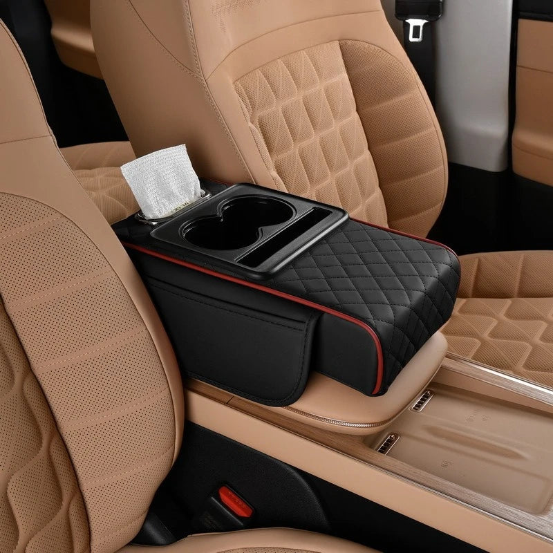 Auto Center Console Armrest Cushion With 2 Cup Holder PU Leather Armrest Pad Portable Car Amrest Pillow Cover Height Pad