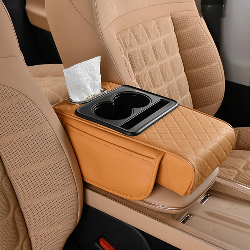 Portable Center Console Armrest Cushion Leather With Cup Holder Tissue Box Car Armrest Pillow Multifunctional Parts & Accessorie