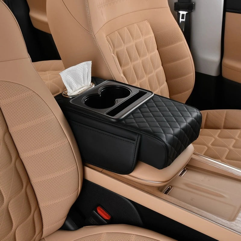 Auto Center Console Armrest Cushion With 2 Cup Holder PU Leather Armrest Pad Portable Car Amrest Pillow Cover Height Pad