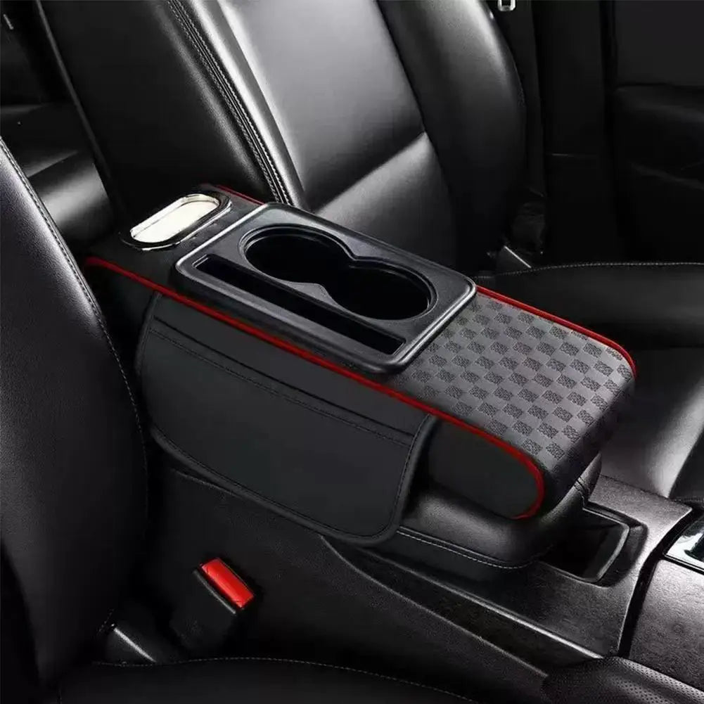 Car Center Console Height Increasing Armrest Cushion Multifunctional PU Leather Armrest Pad with Cup Holder Tissue Box Universal