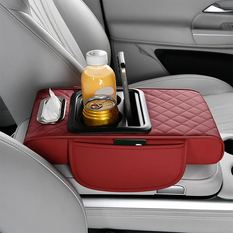 Portable Center Console Armrest Cushion Leather With Cup Holder Tissue Box Car Armrest Pillow Multifunctional Parts & Accessorie