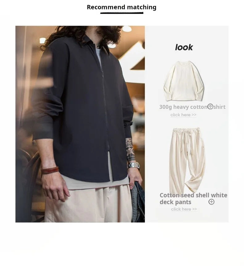 Maden Casual Draped Shirt Men's Spring and Summer Breathable Cleanfit Cool Comfort Long Sleeve Zip-Up Blouse Lightweight Top