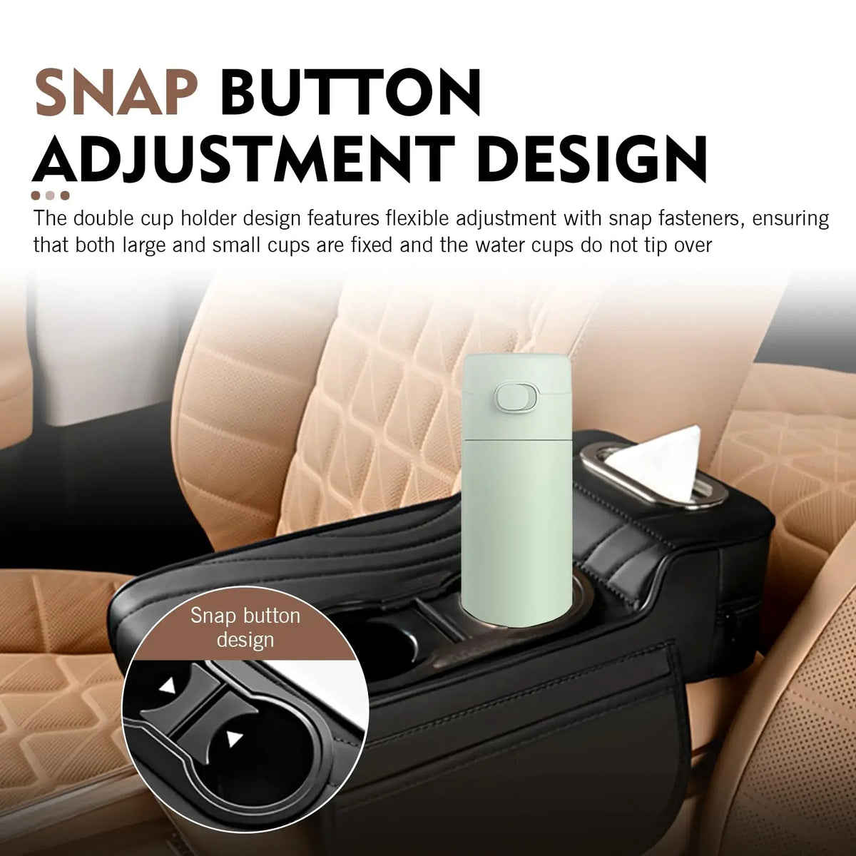 Car Center Console Armrest Cushion with Dual Cup Holders Tissue Box Side Pocket PU Leather Arm Rest Cover for Universal Cars