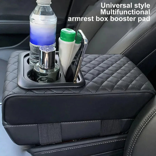 Car Armrest Box Cushion, Auto Center Console Armrest Cushion With 2 Cup Holder PU Leather Armrest Pad Portable Car Amrest
