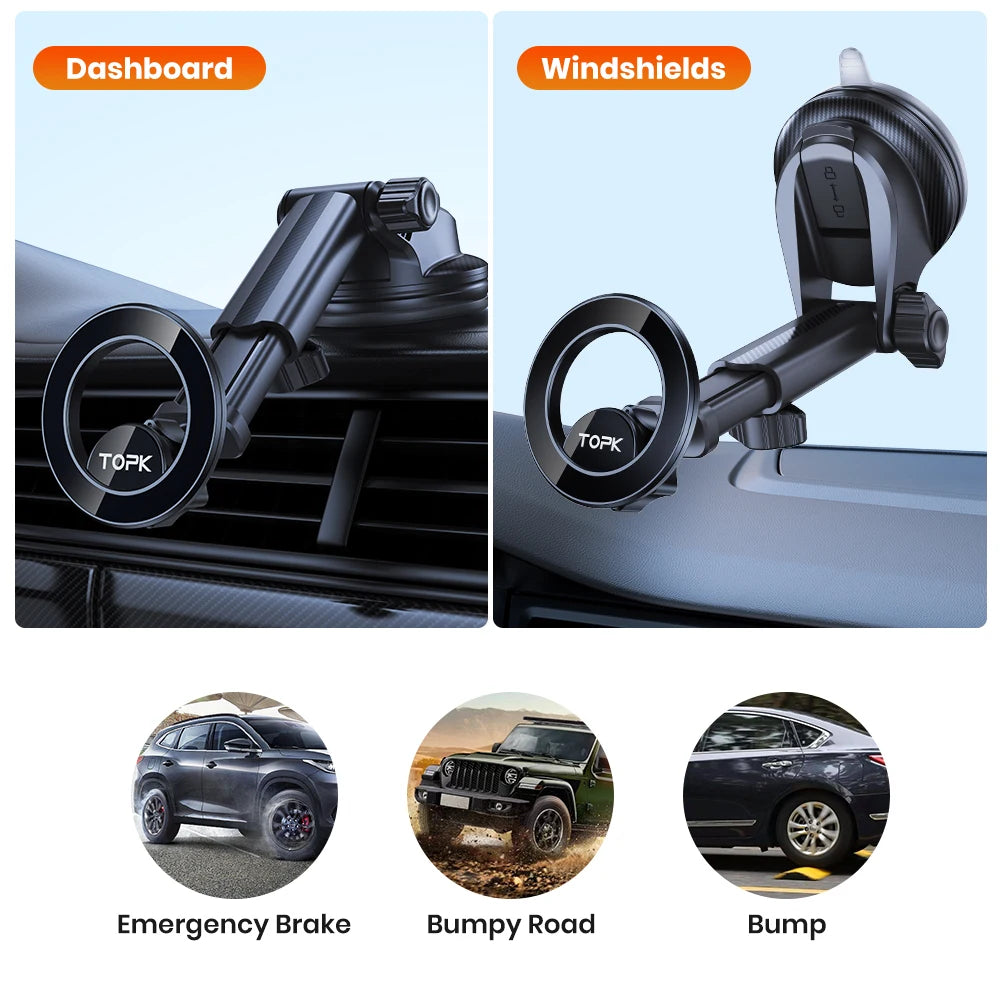 TOPK Magnetic Car Phone Holder for magsafe,N52 Strong Magnet Dashboard Suction Cup Car Phone Holder & Adjustable Telescopic Arm
