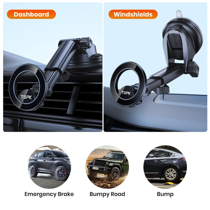 TOPK Magnetic Car Phone Holder for magsafe,N52 Strong Magnet Dashboard Suction Cup Car Phone Holder & Adjustable Telescopic Arm