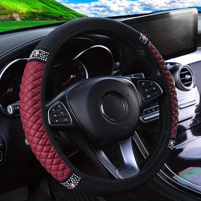 Car Pu Leather Steering Wheel Cover, 14.57-14.96inch Artificial Diamond, New Steering Wheel Cover