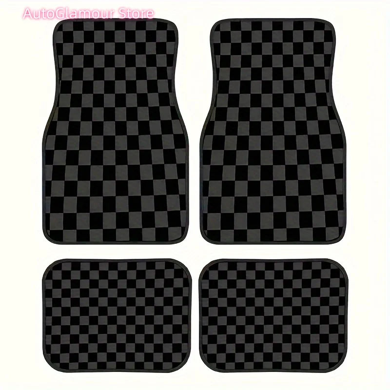 Set of Four Universal Car Floor Mats Featuring a Plaid Design in Black, Gray, And Yellow. They Are Absorbent, Non-Slip, Washable