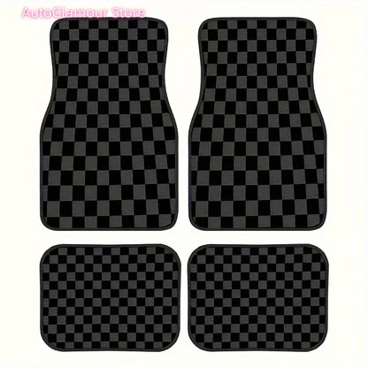 Set of Four Universal Car Floor Mats Featuring a Plaid Design in Black, Gray, And Yellow. They Are Absorbent, Non-Slip, Washable