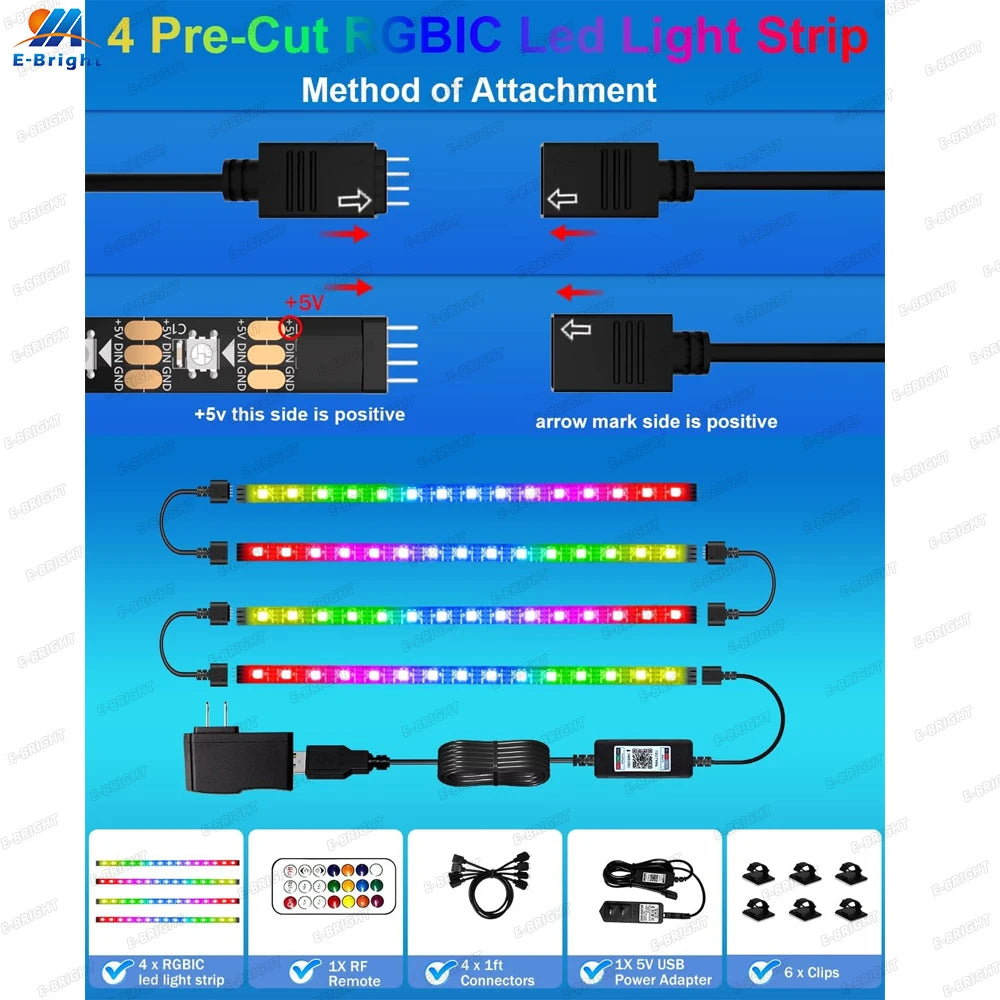 RGB Led Light Strip With APP & Remote Control, Multi-color Music Sync Changing Strip Lights for Cabinets Shelf TV Kitchen