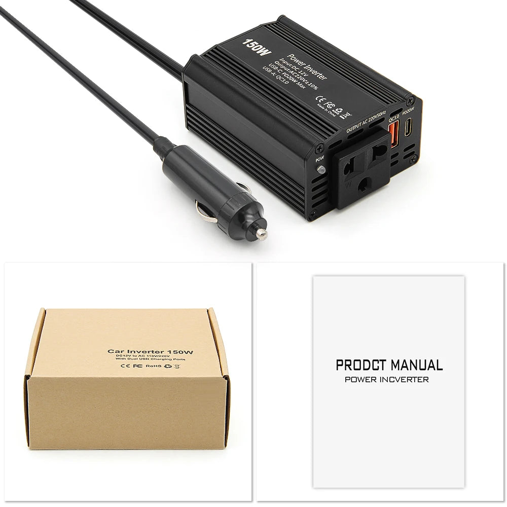 300W 150W Car Inverter Converter DC12V to AC 220V Voltage Transfer Converter Charging Adapter EU Socket Fast Charging PD65W USB