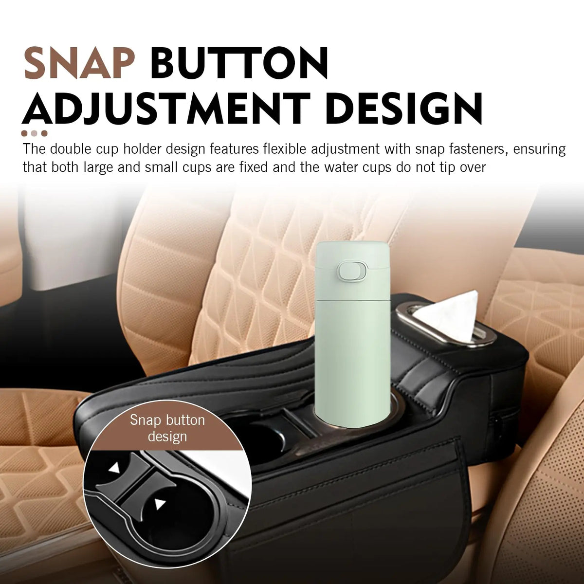 Car Center Console Armrest Cushion with Dual Cup Holders Tissue Box Side Pocket PU Leather Arm Rest Cover for Universal Cars