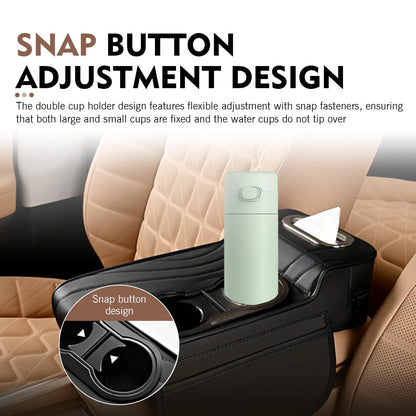 Car Center Console Armrest Cushion with Dual Cup Holders Tissue Box Side Pocket PU Leather Arm Rest Cover for Universal Cars